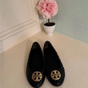 Tory Burch Black Quilted Flats with Gold Emblem